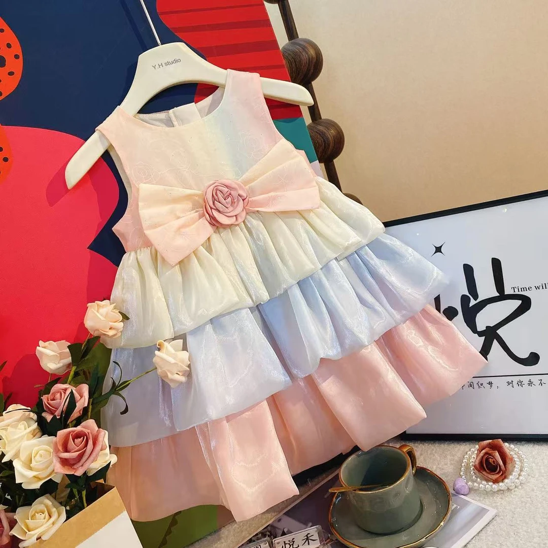 T1女童女孩夏季蝴蝶结女宝粉色夏款洋气儿童花边连衣裙80313