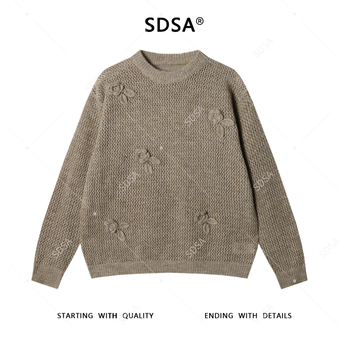 SDSA男士秋冬新款痞帅男装潮牌纯色立体针织花朵圆领毛衣百搭时尚