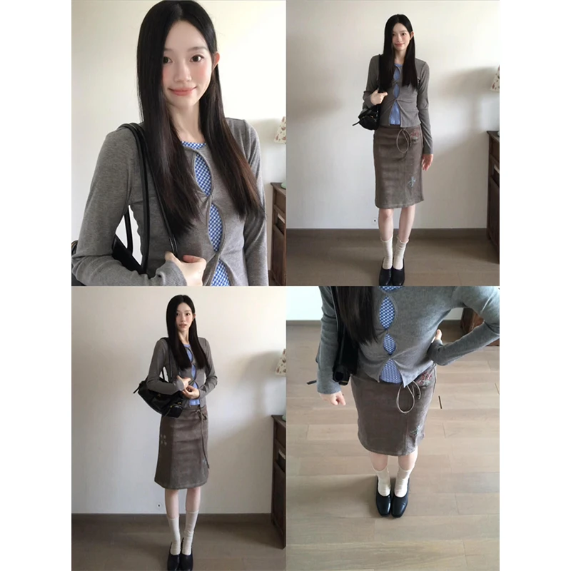 MARIE.COCO秋季新款假两件扭结针织衫上衣气质高腰显瘦半身裙套装