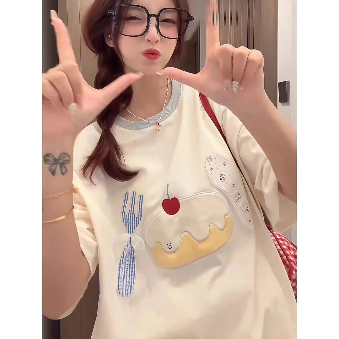 韩国东大门夏季新款樱桃蛋糕元气少女甜美奶油蛋糕贴布绣纯棉T恤