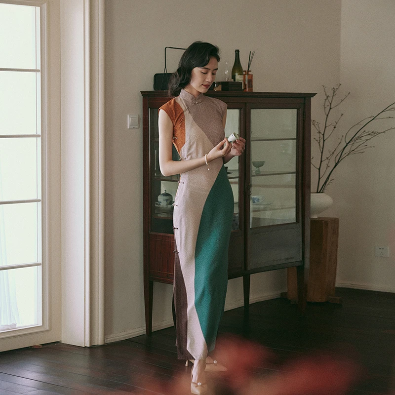 小连袖全开襟长款 民国复古日常定位花棉绸旗袍 莫兰迪