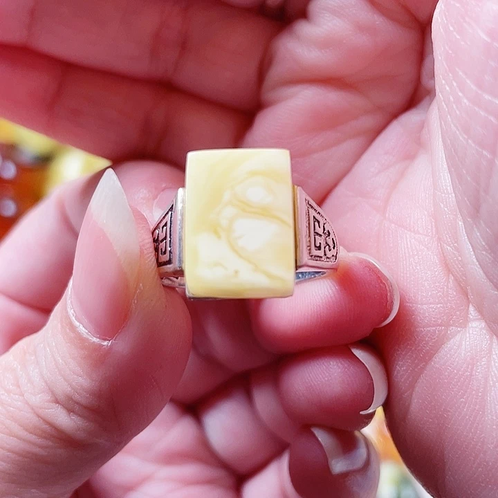 琥珀银S925镶嵌裸石戒指