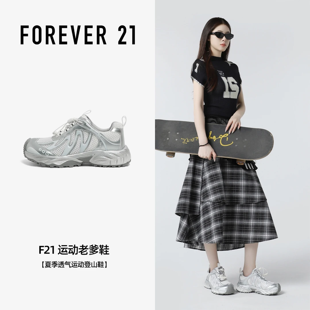 F21网面运动鞋秋季透气女2025新款单网增高百搭超好看休闲老爹鞋
