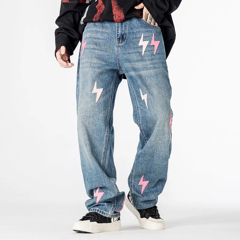 美式高街潮牌闪电牛仔裤男款宽松直筒休闲百搭个性炸街秋冬长裤子