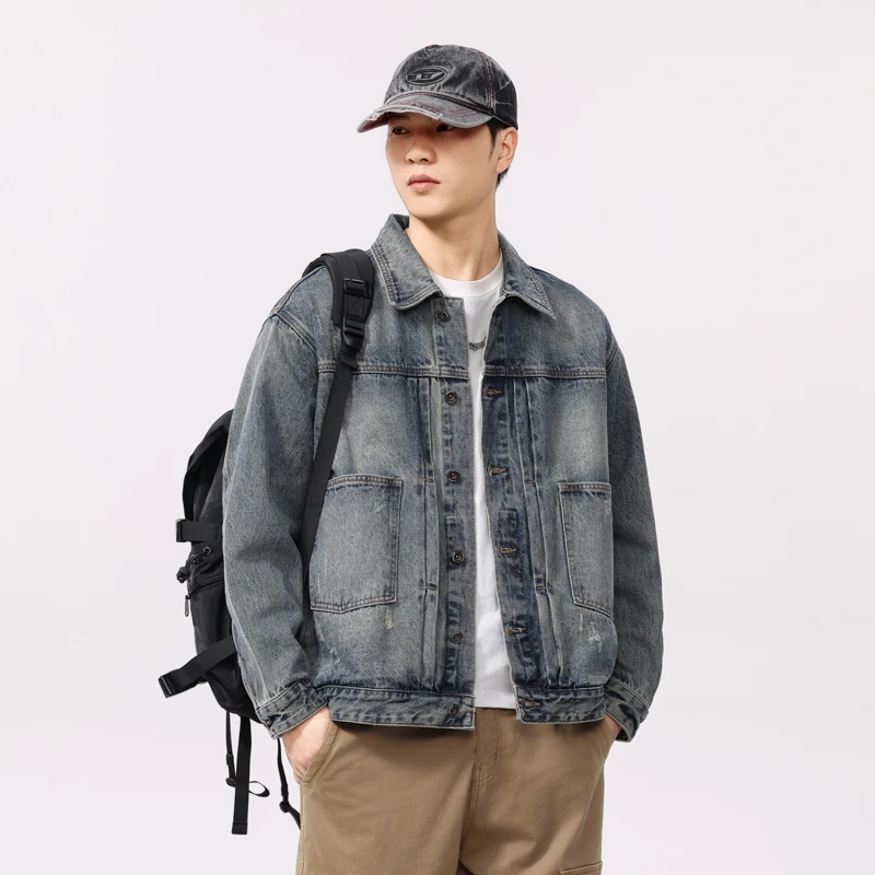 高奢复古牛仔外套男春秋潮牌设计感夹克猫须宽松大码夹克男士休闲