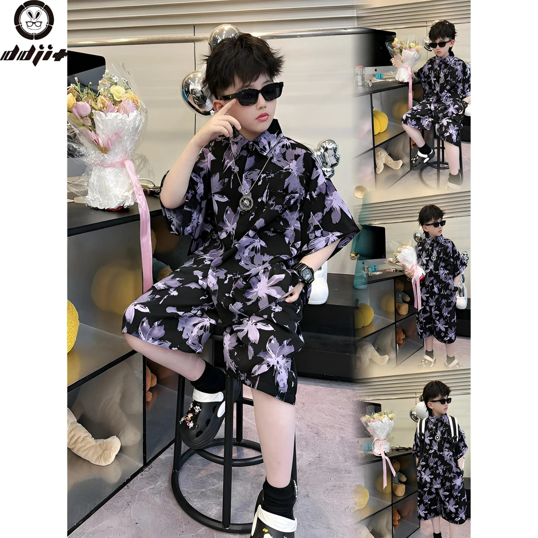 耀选专属【难以抵抗】夏装儿童黑紫叶子衬衣款套装夏季透气冰感衬衫