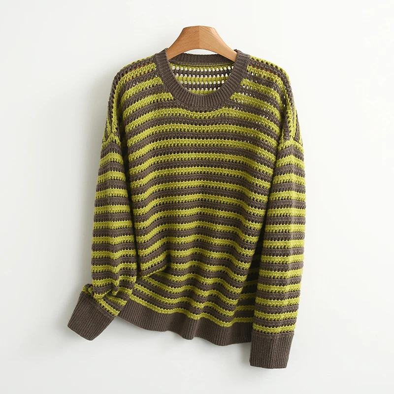 【伍莎-自营】条纹圆领镂空宽松加厚毛衣#UPY48M080