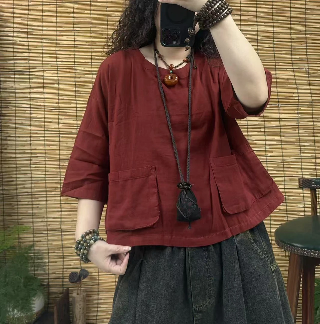 3327休闲时尚百搭宽松双纱两口袋短款上衣（长60，90-150斤）