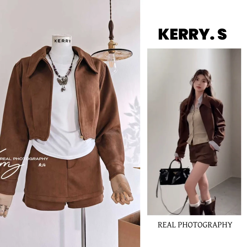 咖色麂皮绒2025新款美式复古气质短款外套复古高级感显瘦正肩上衣