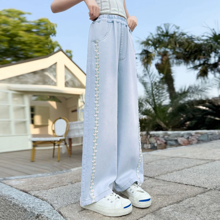 韩版女童夏季碎花拉条天丝阔腿裤薄冰感防蚊裤儿童大童休闲直筒裤