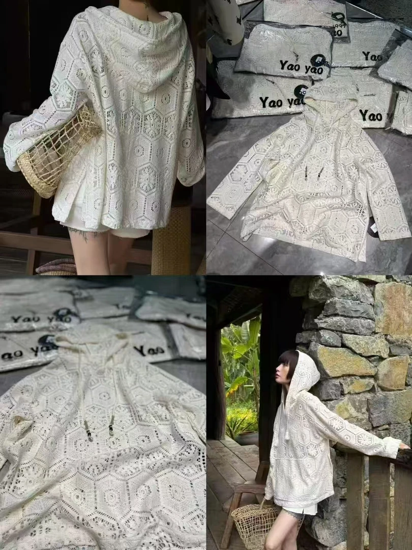 02274 张十柒服饰2025春夏新款蕾丝镂空钩花宽松长袖连帽针织衫
