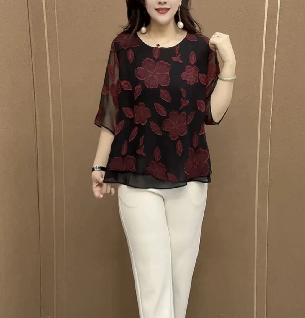 夏季提花宽松遮肉大码妈妈装短袖