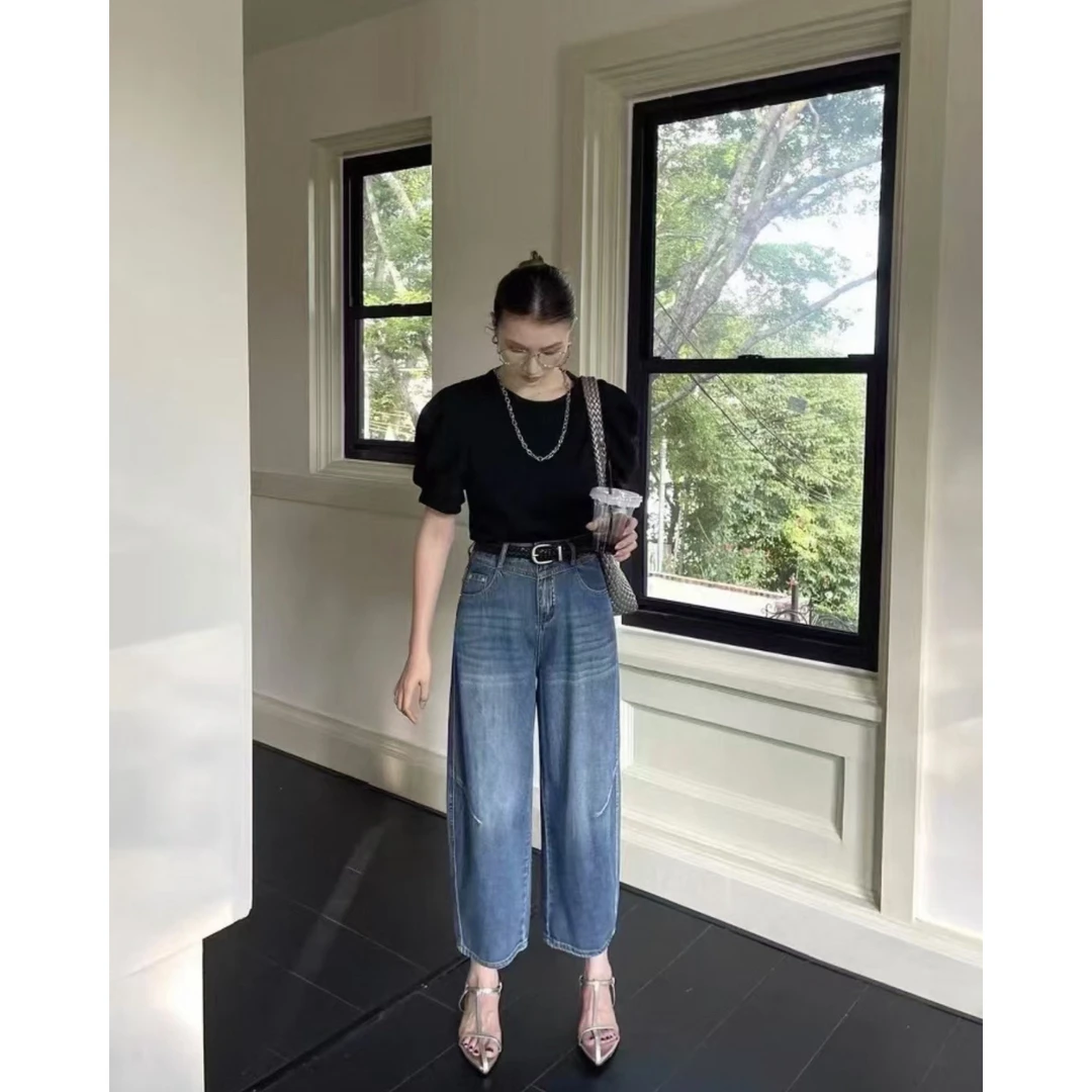 玳妮【九分弯刀裤】夏季 高腰猫抓痕牛仔镰刀裤 编织腰带九分牛仔裤