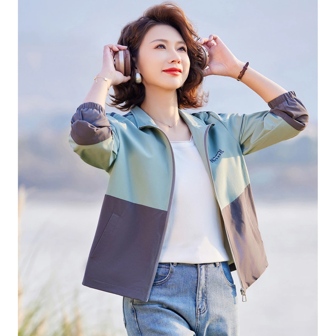 【户外休闲拼色外套】翻领宽松上衣年轻妈妈装减龄百搭春秋外套女