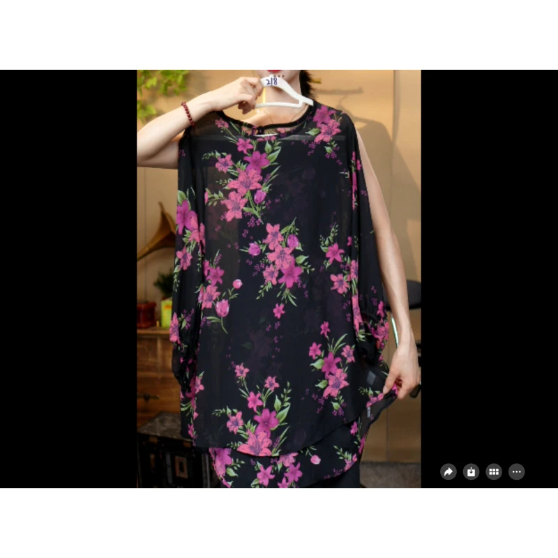 218夏日玫紫色花轻薄上衣