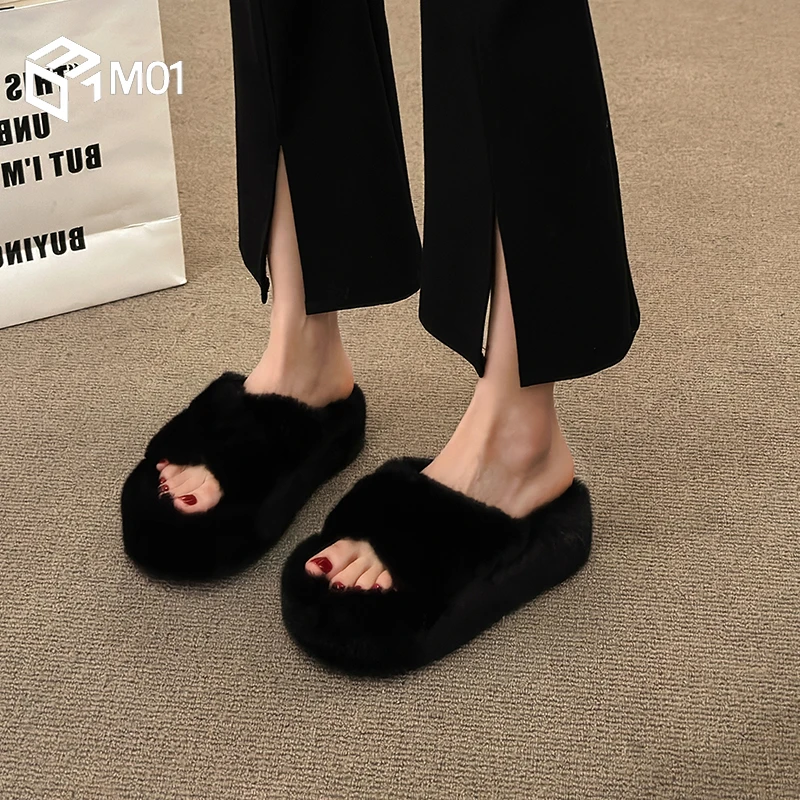 M01厚底增高一字毛毛拖鞋女外穿加绒防滑百搭春秋季新款棉拖鞋子