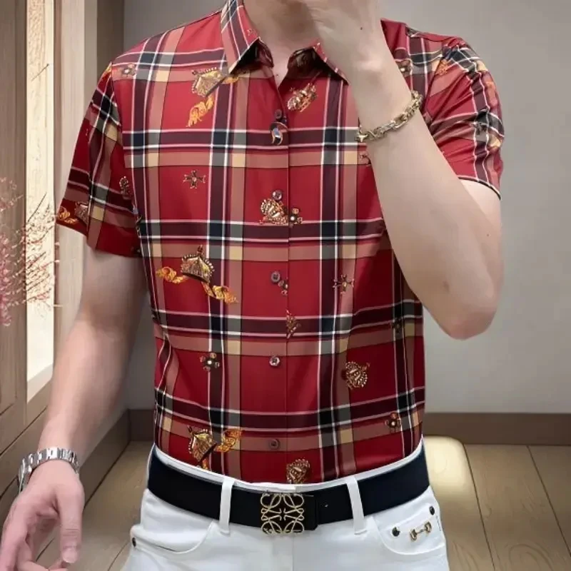 男士夏季休闲短靴衬衫皇冠印花时尚百搭免烫抗皱无痕短袖衬衫-FF