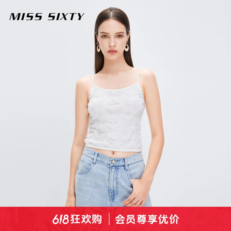 Miss Sixty2023夏季毛织背心女白色吊带修身短款弹力性感辣妹轻奢