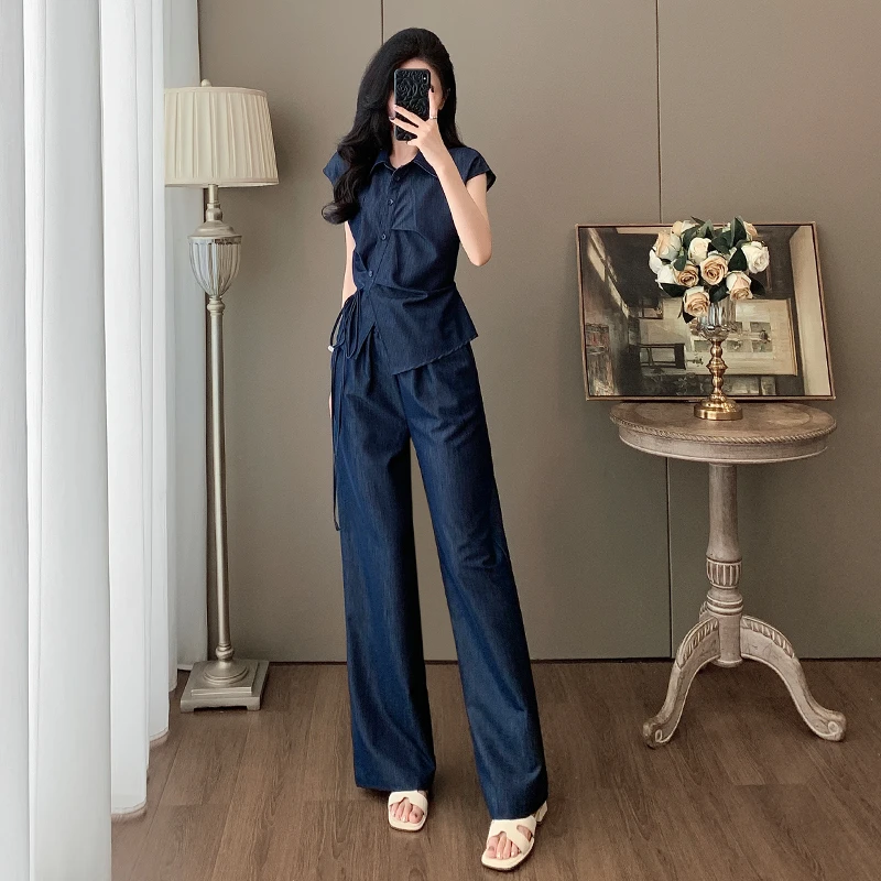 短袖套装女两件套显瘦阔腿裤时尚休闲夏季长裤上衣小个子气质高腰