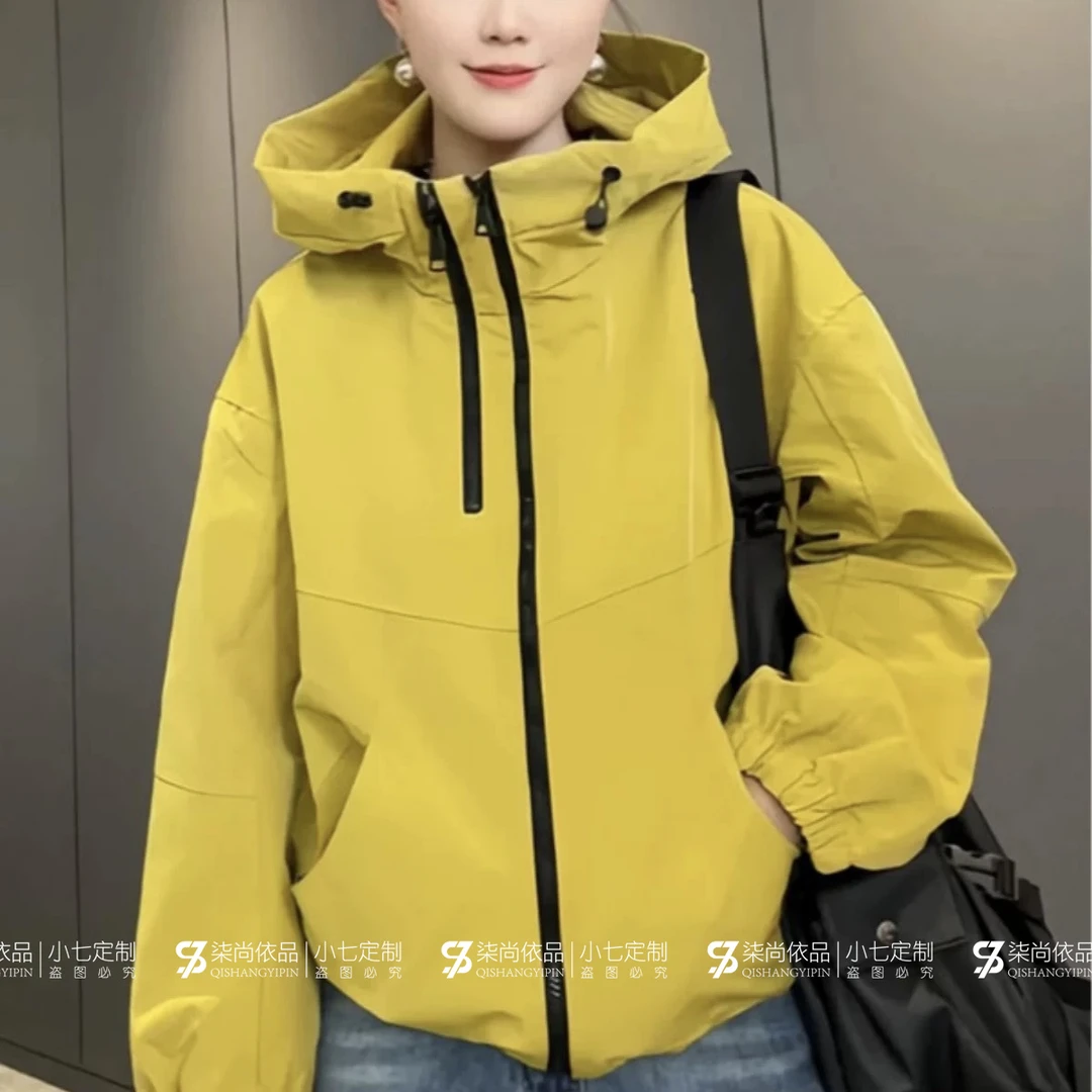 【小七定制】春季新款休闲百搭宽松连帽双拉链女款冲锋衣外套6306