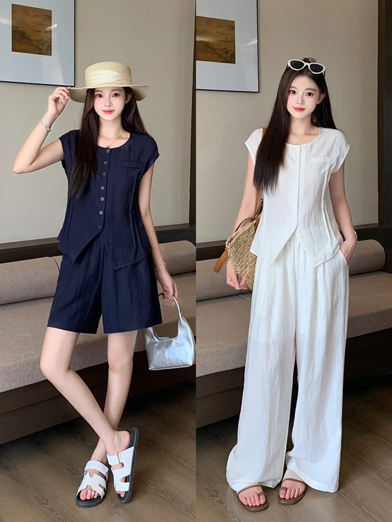 2025夏装新款胖mm大码女休闲短袖显瘦长短阔腿裤套装