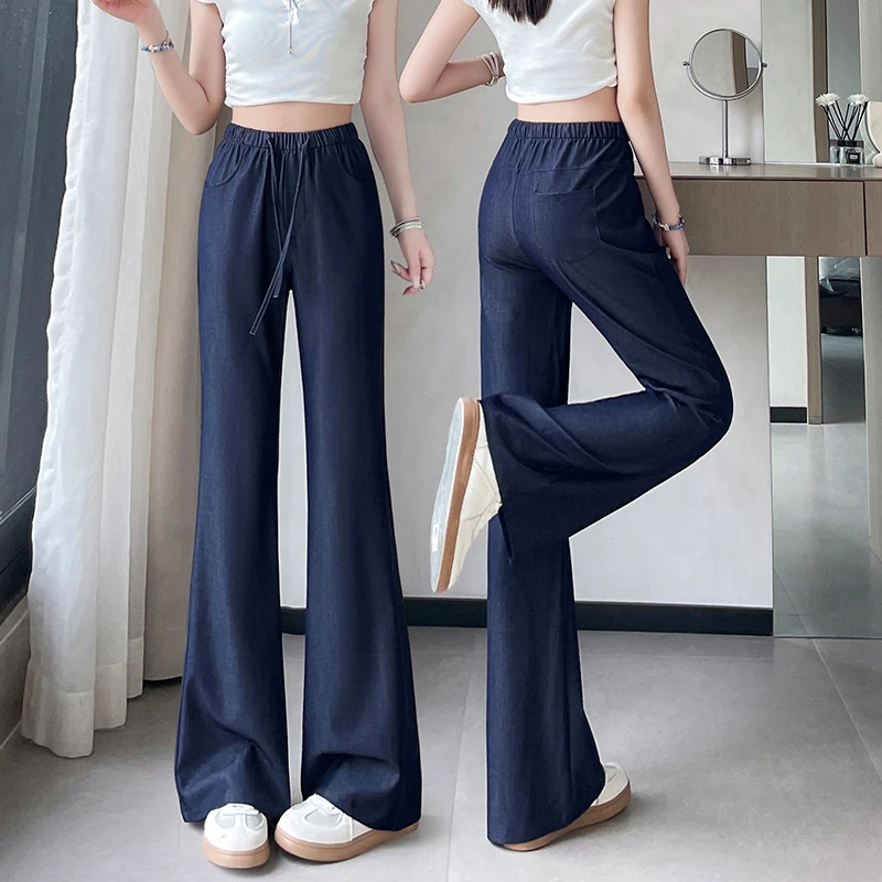 胖MM显瘦冰丝凉感仿牛仔裤女2025夏薄款直筒松紧腰垂感休闲微喇裤