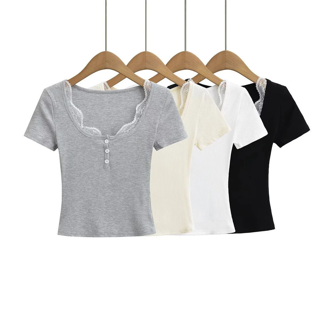 辣妹纯欲蕾丝短袖t恤女短款2025新款夏修身显瘦性感高腰露脐上衣