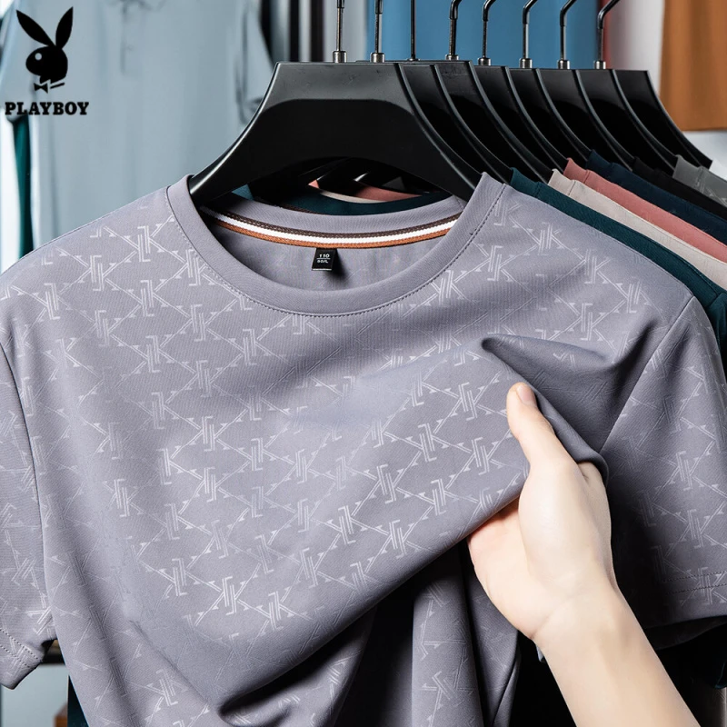 花花公子2025新款男士圆领印花短袖T恤2025款夏季中老年爸爸装FF