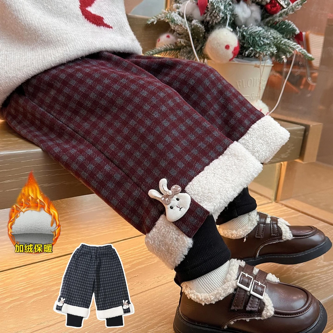 女童超好看加绒裤子2025新款秋冬季加厚儿童一体绒外穿宝宝阔腿裤