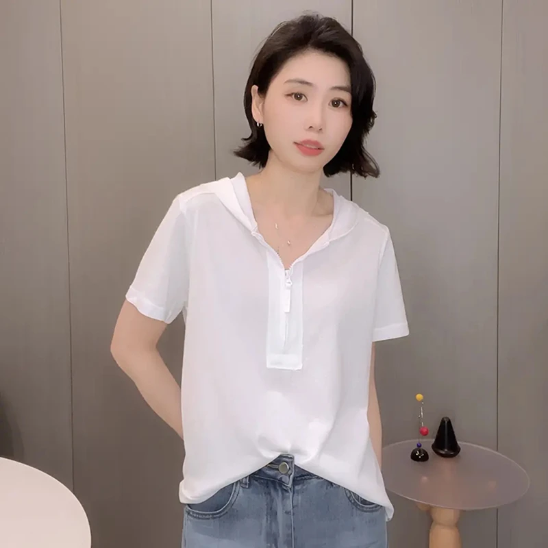 韩版休闲百搭纯色半拉链连帽短袖T恤女士2025夏季小众设计感上衣