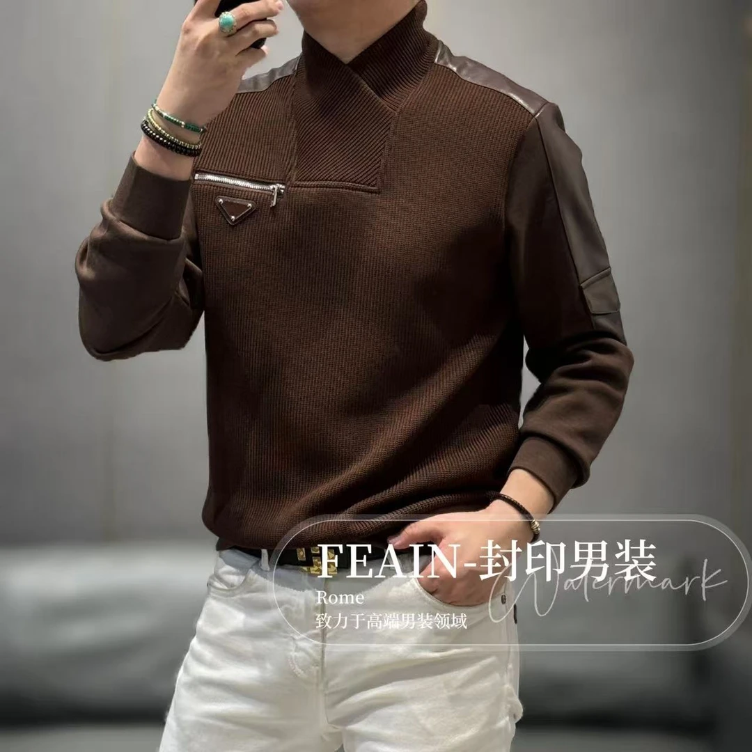 高端定制立体交叉领设计莫代尔粗针织拼接加绒男士卫衣9188