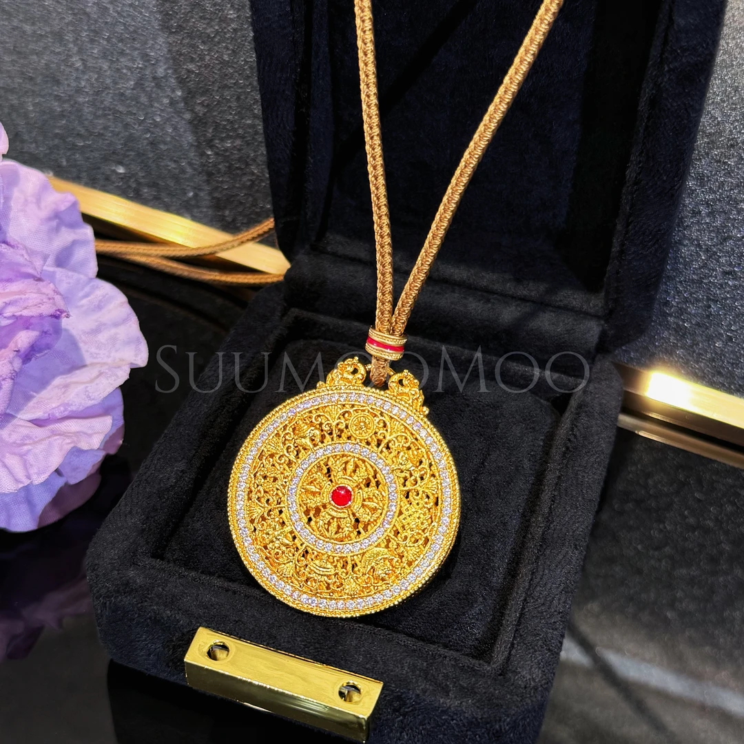 铜合金合成锆石项链 国风时尚新中式八宝罗盘项链