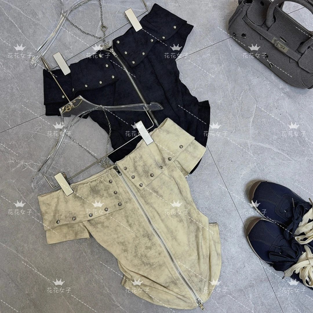 美式重工2025新款扎染T恤收腰双拉链一字肩小众设计感短袖女上衣