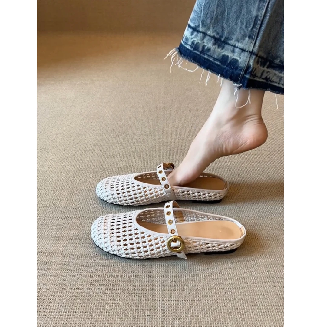 羊皮版~一字带金属扣外穿透气包头凉拖女法式圆头编织镂空半拖鞋