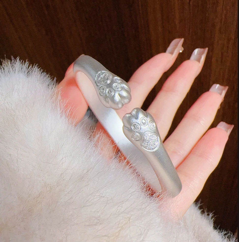 足银手镯 足银999古法 猫爪手镯（定制不支持退款）复古百搭简约