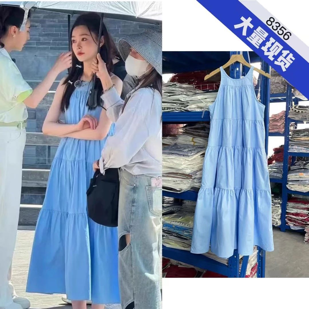 宋轶明星同款法式蓝色无袖抽褶连衣裙女夏季温柔风裙子老钱风女装