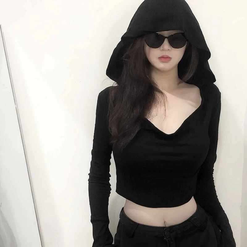 5286# 满天星 已出货 罗纹 黑色辣妹连帽长袖设计感内搭露脐上衣
