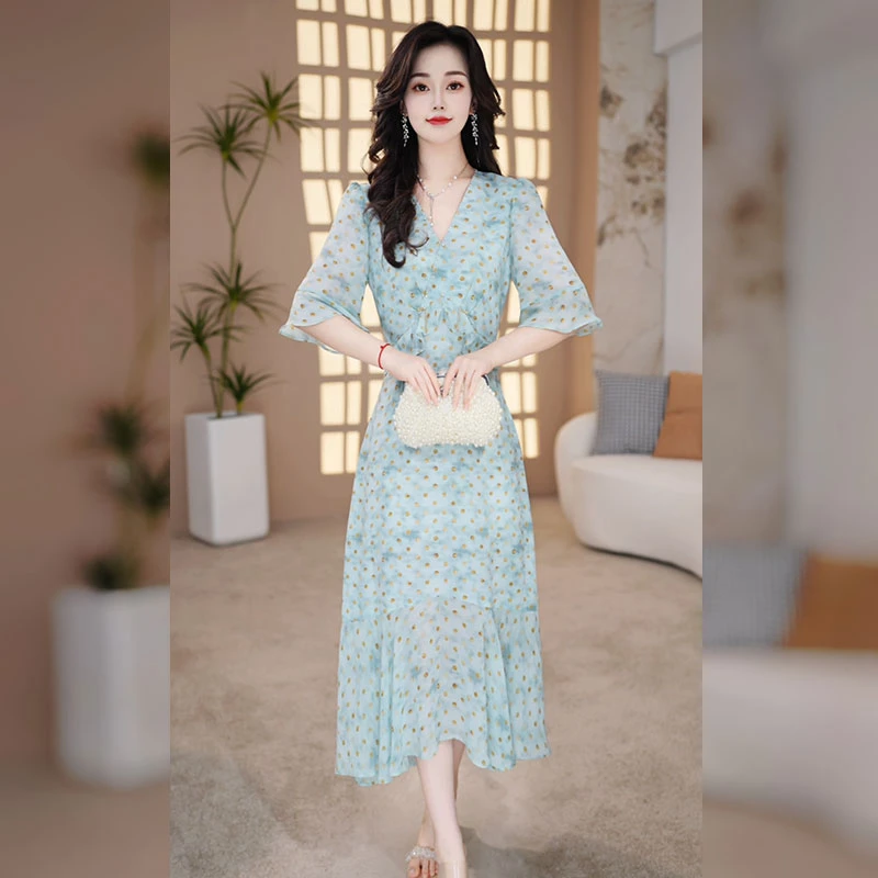 【千羽定制】时尚波点连衣裙2025年夏季新款减龄显瘦荷叶边鱼尾裙子