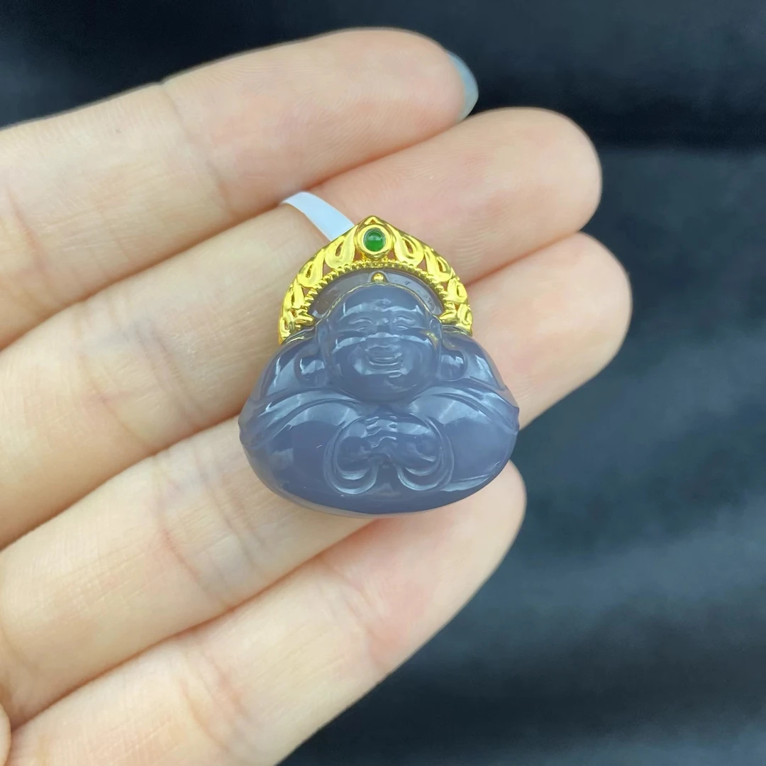 【同庆珍品】18K金和田玉烟紫抱抱佛吊坠 不含链 Y01