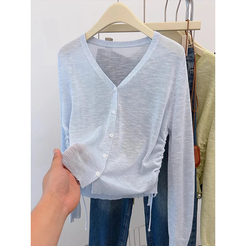 韩系设计感抽绳显瘦针织衫女2025春秋新款时尚休闲百搭纯色上衣潮
