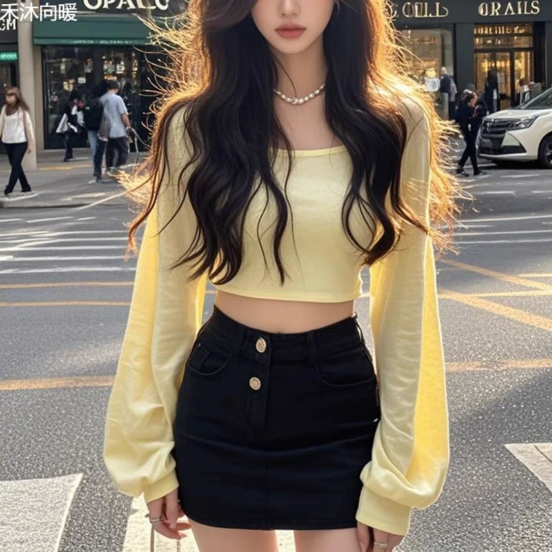 纯色气质辣妹短款长袖百搭上衣女2025春季