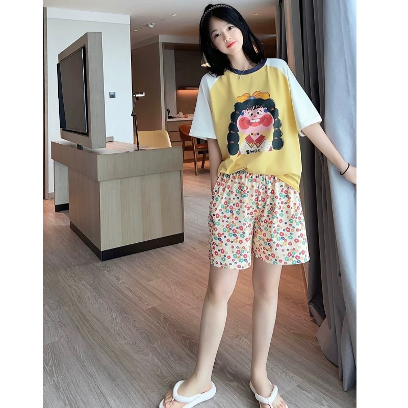 睡衣女夏季新款纯棉短袖短裤休闲家居服套装（多巴胺女孩）
