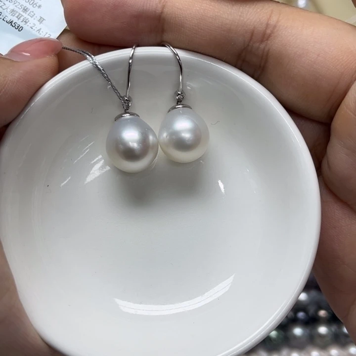 银S925镶嵌耳饰海水珍珠澳白12-13mm135