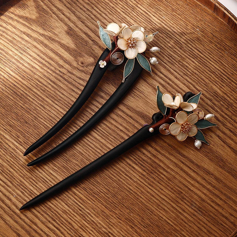 A11非遗绒花檀木发簪女花朵气质盘发簪子缠花新中式发钗古风发饰