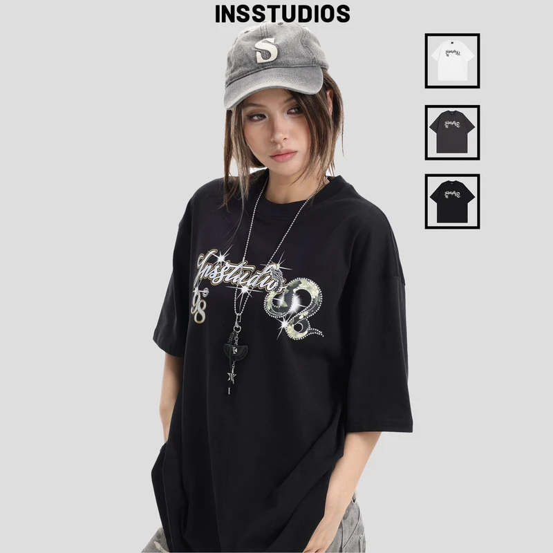 INSstudios国潮牌情侣美式蛇年限定烫钻印花短袖宽松纯棉半袖T恤