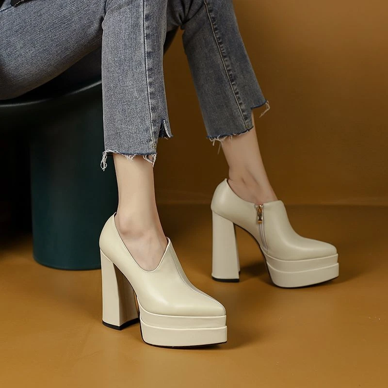 2025新款尖头防水台超高跟洋气软皮时尚单鞋女拉链粗跟四季单鞋