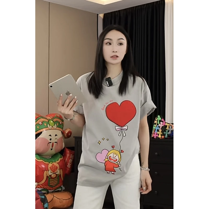 【劉發發】W501【桃心气球】新款韩版百搭时尚休闲圆领短袖T恤