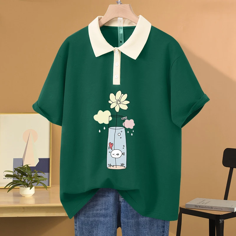 大码oversize宽松胖mm夏季POLO领纯棉短袖t恤女装设计感小众上衣
