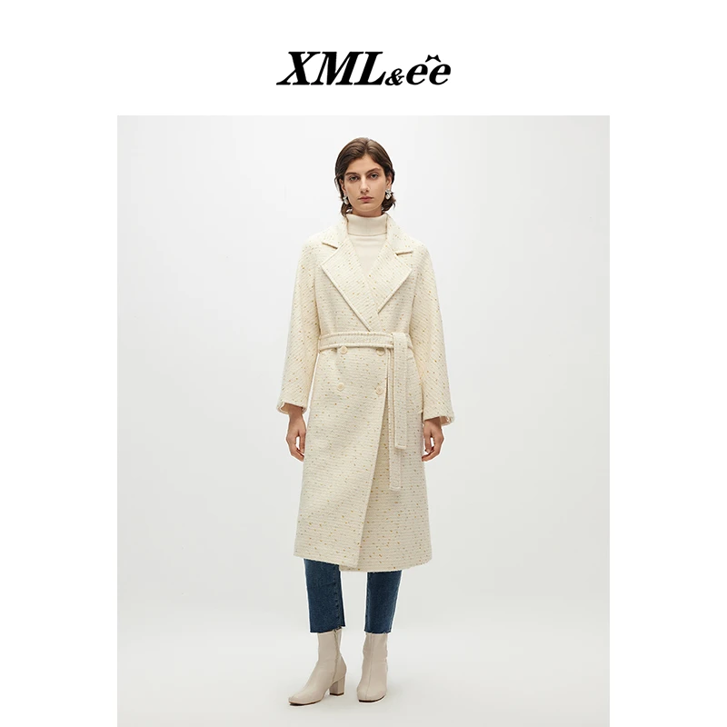 XMLee艾米尔 白色双面呢金银丝绵羊毛长款系带大衣外套 X444D5080