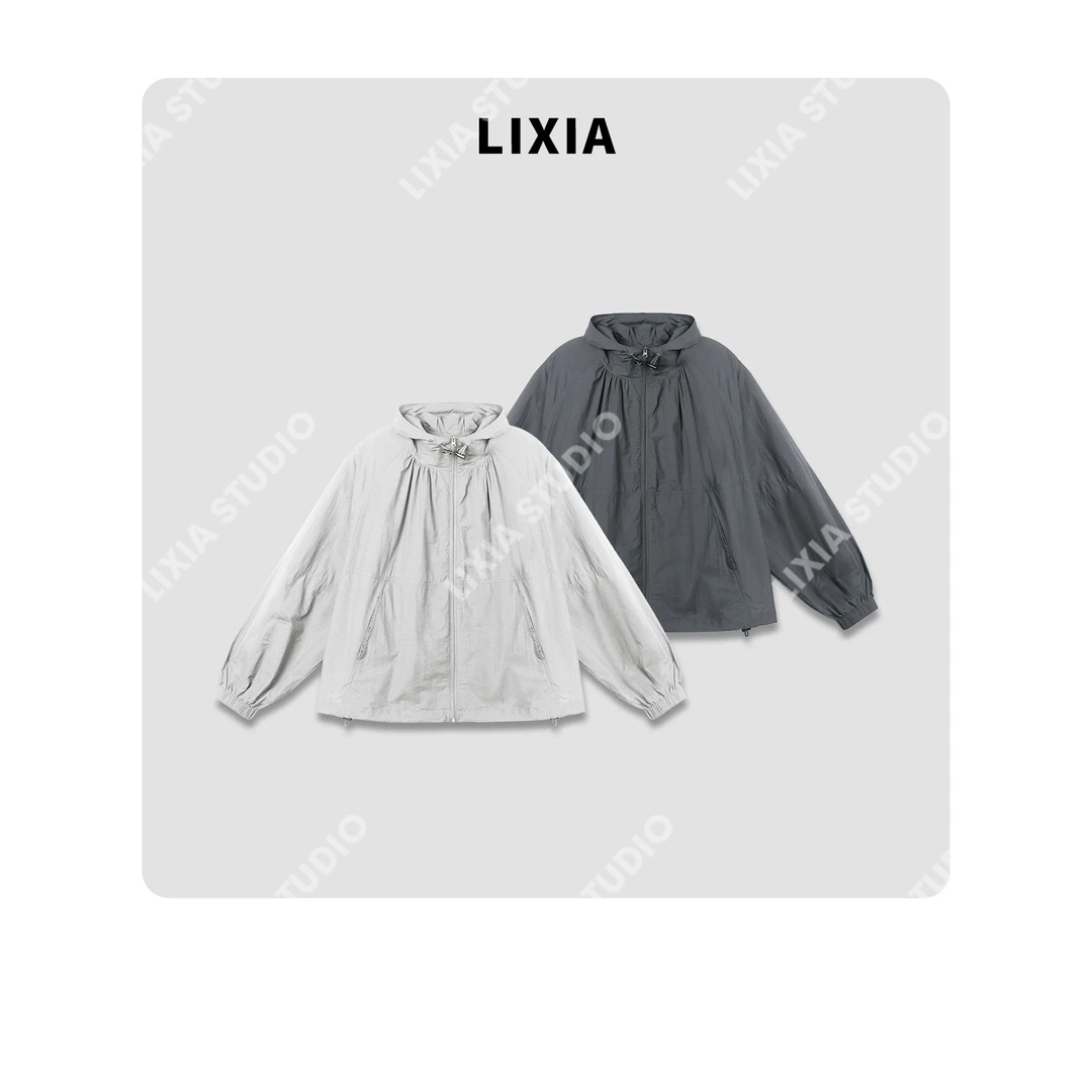 LIXIA【灰系宣言】夏季时尚简约风宽松防风冲锋拉链连帽外套-D8015